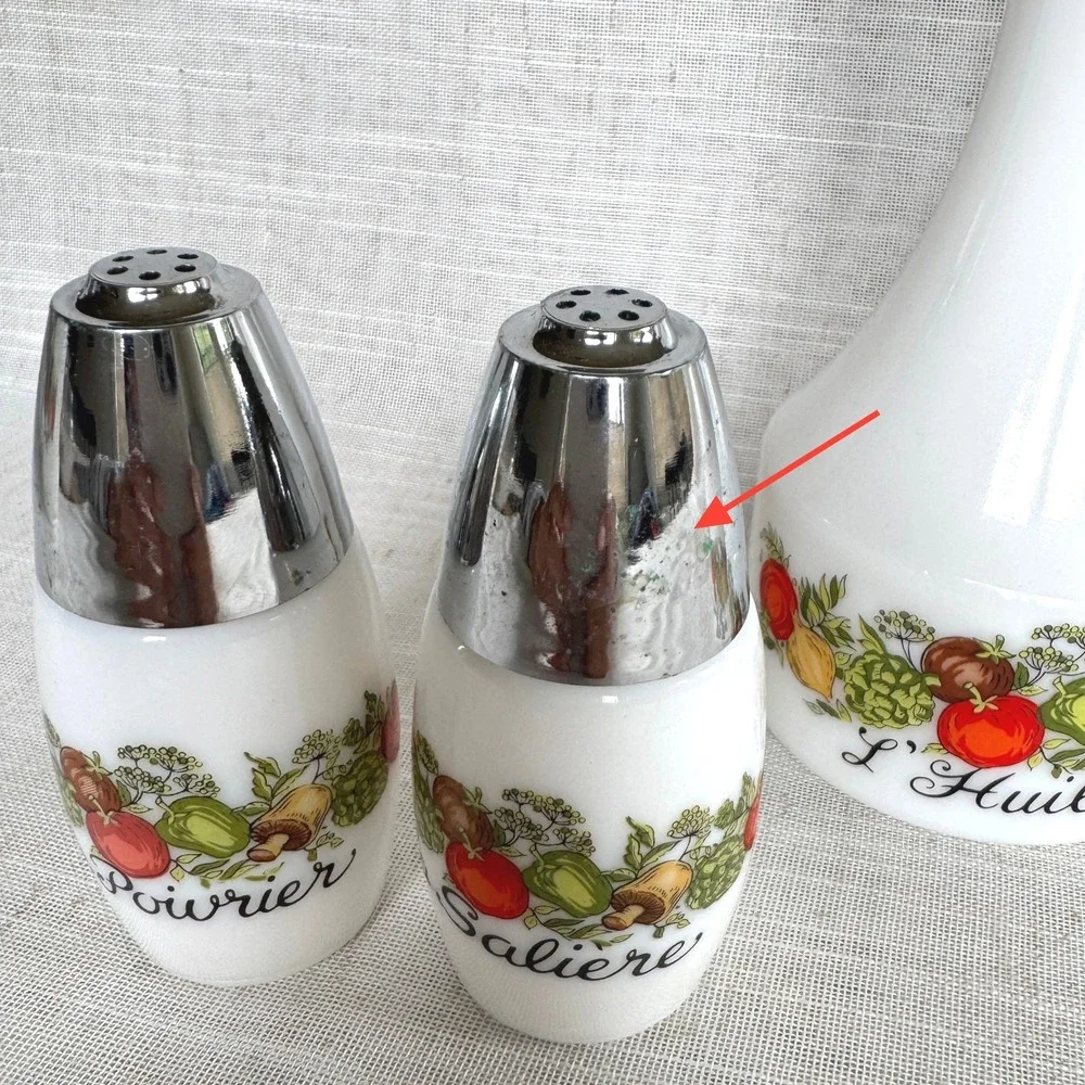 Vintage Milk Glass Oil Vinegar Salt Pepper Set French Vegetable Garden 4 Piece